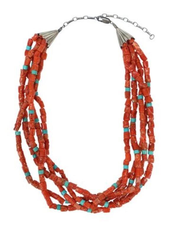 Appraisal: Southwest style multi-strand necklace five red coral beaded strands interspersed