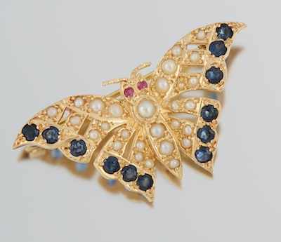 Appraisal: A Ladies' Sapphire and Pearl Butterfly Brooch k yellow gold