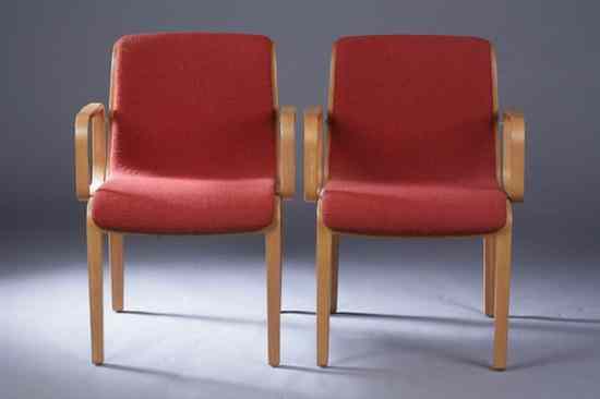 Appraisal: PAIR CONTEMPORARY KNOLL BENTWOOD ARM CHAIRS Blonde wood with coral