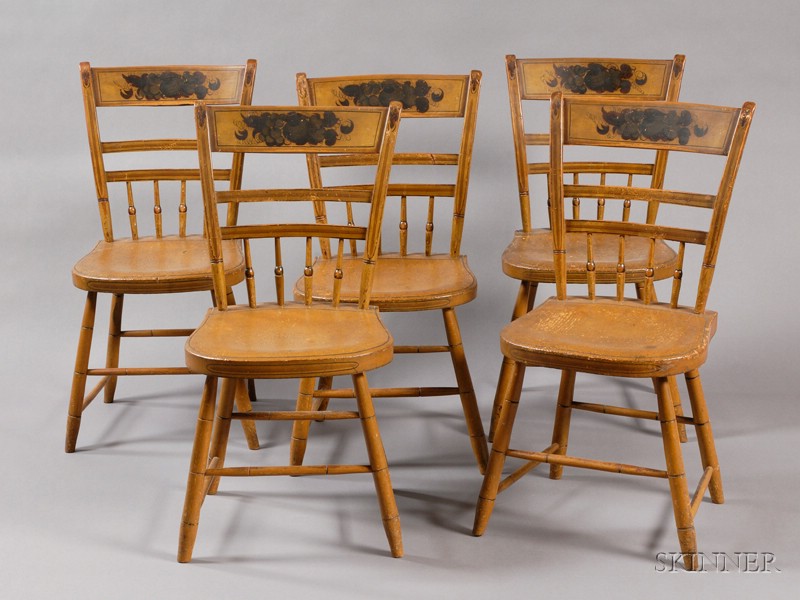 Appraisal: Set of Five Yellow-painted Freehand and Stencil Decorated Windsor Side