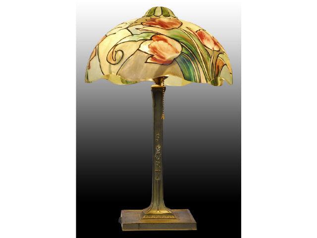 Appraisal: Pairpoint Reverse Painted Lamp Shade and Base Description Flemish parrot