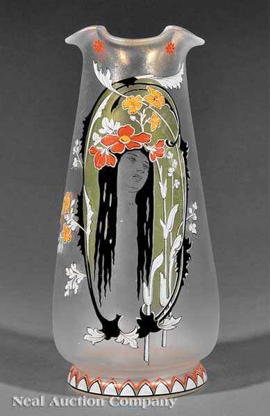 Appraisal: An Art Nouveau Opaline Vase flared lip tapering body polychrome