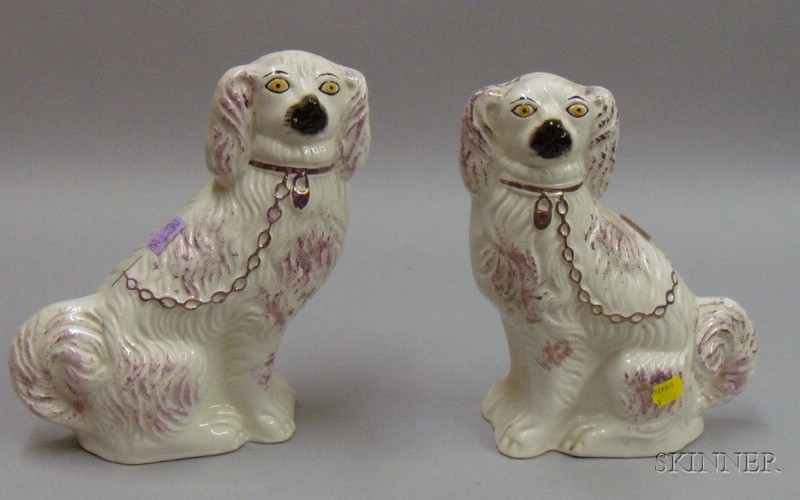 Appraisal: Pair of Staffordshire Pink Lustre Highlighted Seated Spaniels ht in