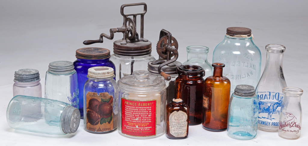 Appraisal: GROUP OF BOTTLES CANNING JARS GLASS CHURNS American late th-