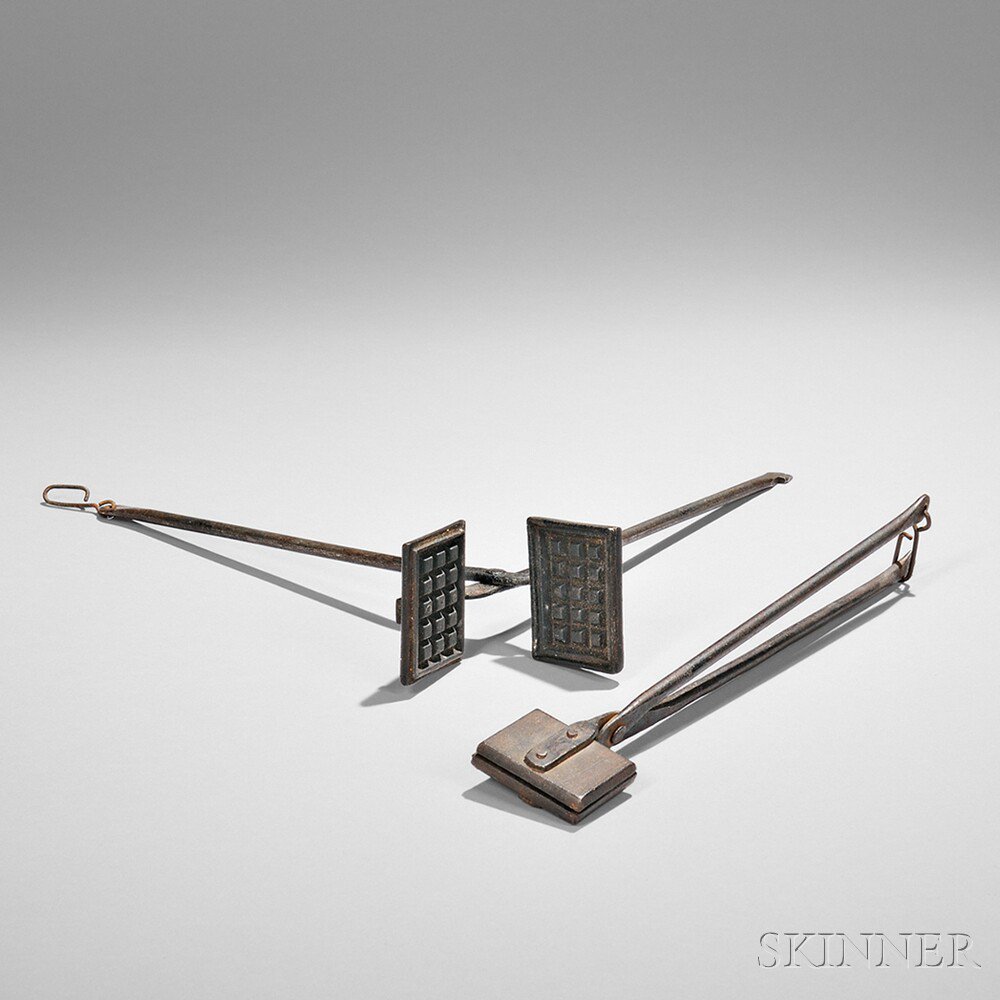 Appraisal: Two Miniature Wrought and Cast Iron Waffle Irons and Wafer