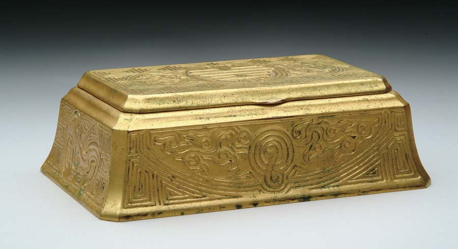 Appraisal: TIFFANY BRONZE BOX Beautiful Chinese pattern Tiffany box has bright