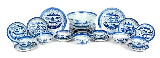 Appraisal: Thirty-two Chinese Export Canton Blue and White Wares Diameter of