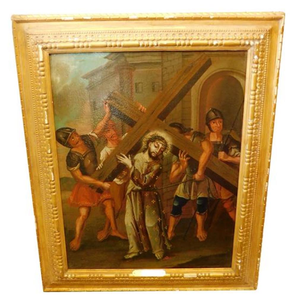 Appraisal: Potosi Spanish Colonial School type oil on canvas Christ Bearing