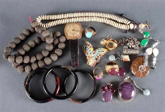 Appraisal: Assorted hardstone bone and silver jewelry Chinese enamel and gold-filled