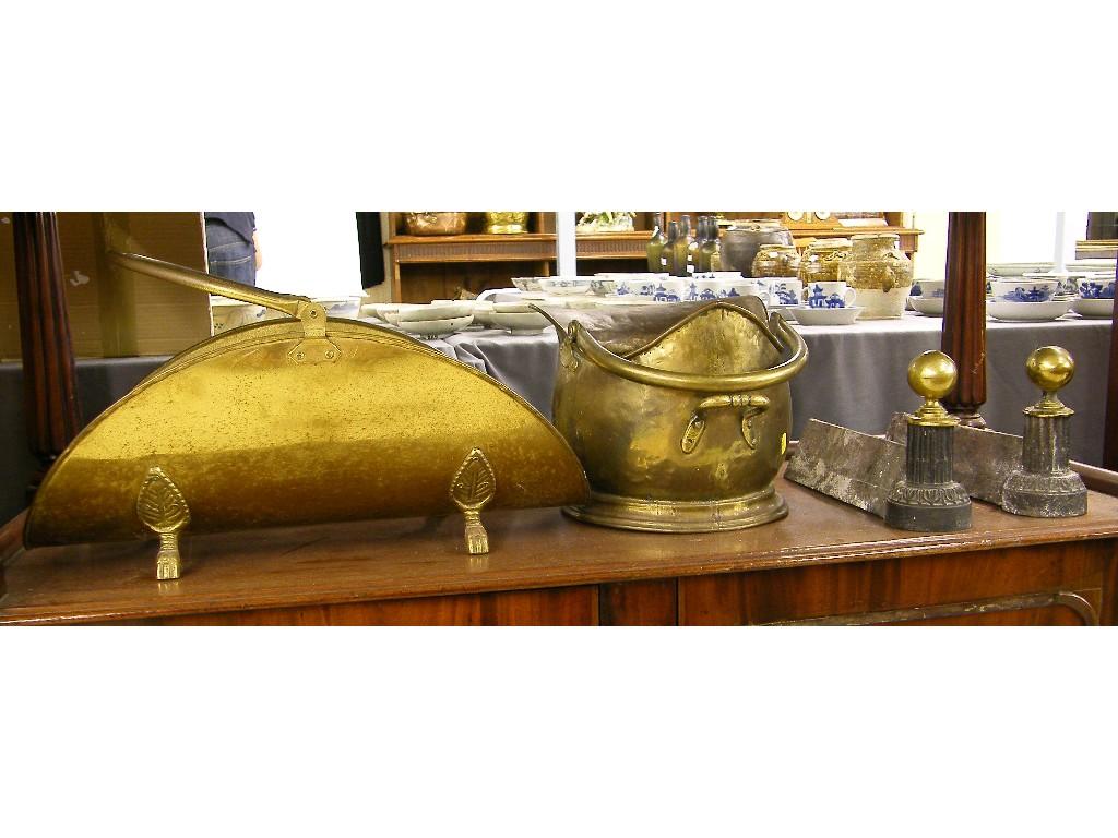 Appraisal: Brass helmet coal scuttle brass log basket and a pair