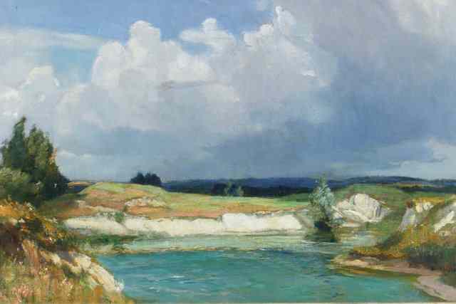 Appraisal: HARRY M WILSON exh - Landscape with shallow pool under