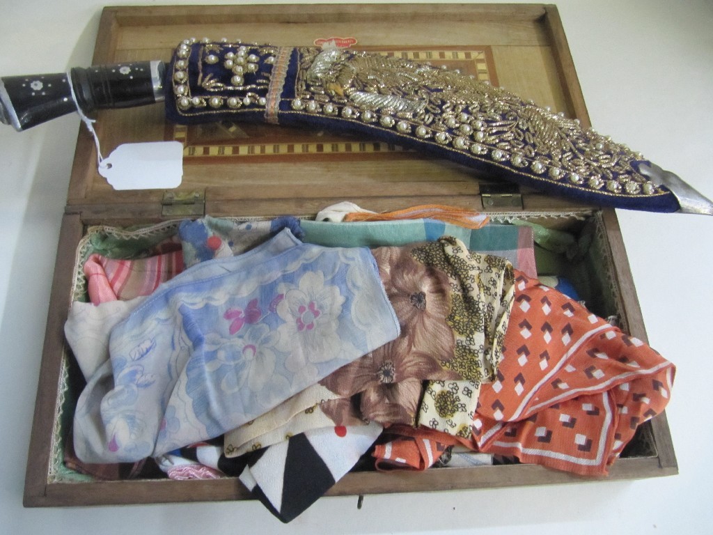 Appraisal: Lot comprising decorative Kukri and a box of silk hankies