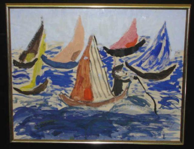 Appraisal: TERRY Mixed Media of Boats with Fisherman Signed and dated