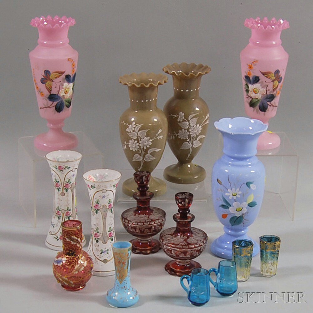 Appraisal: Fifteen Glass Vessels including a pair of Bohemian cranberry etched