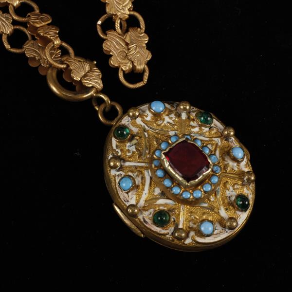 Appraisal: Locket Necklace with cabochons enamel on Victorian floral chain Wear