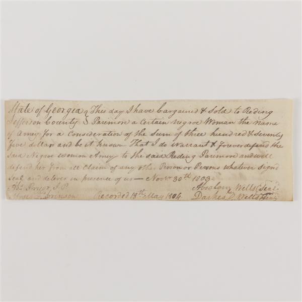 Appraisal: Handwritten Sale of Slave Document Jefferson County GA This day