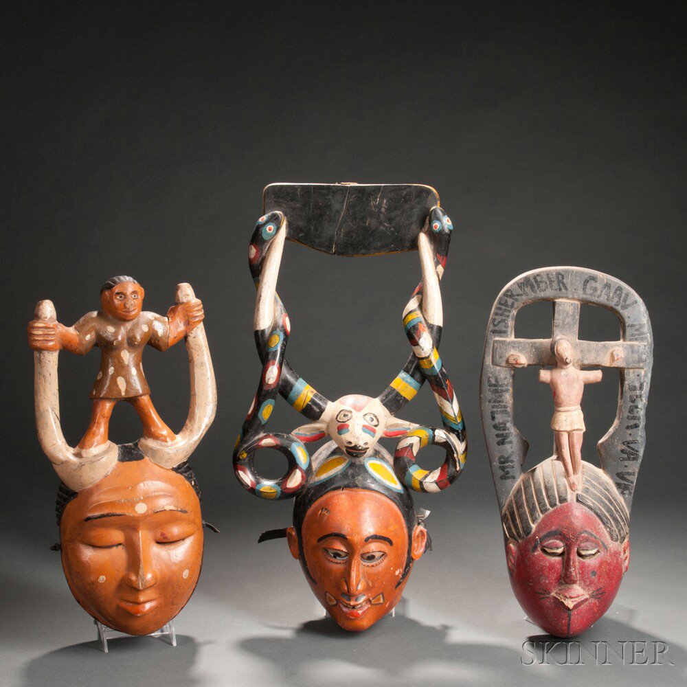 Appraisal: Three Ibibio Polychrome Carved Wood Face Masks Nigeria one with