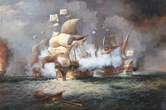 Appraisal: CONTINENTAL SCHOOL th century NAVAL BATTLE oil on canvas laid