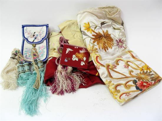 Appraisal: Assorted E th C Asian Textiles Drawstring purses tassels and