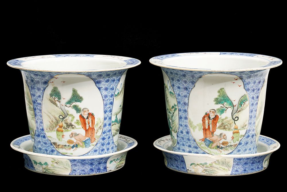 Appraisal: Pr Chinese Porcelain Planters w Under Plates Pair of Chinese