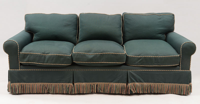 Appraisal: Modern Green Cotton-Upholstered Three-Seat Sofa With fringe in x ft