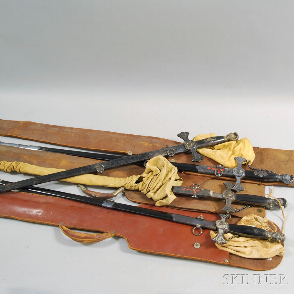 Appraisal: Four Fraternal Swords with Engraved Blades one Ames MFG Co