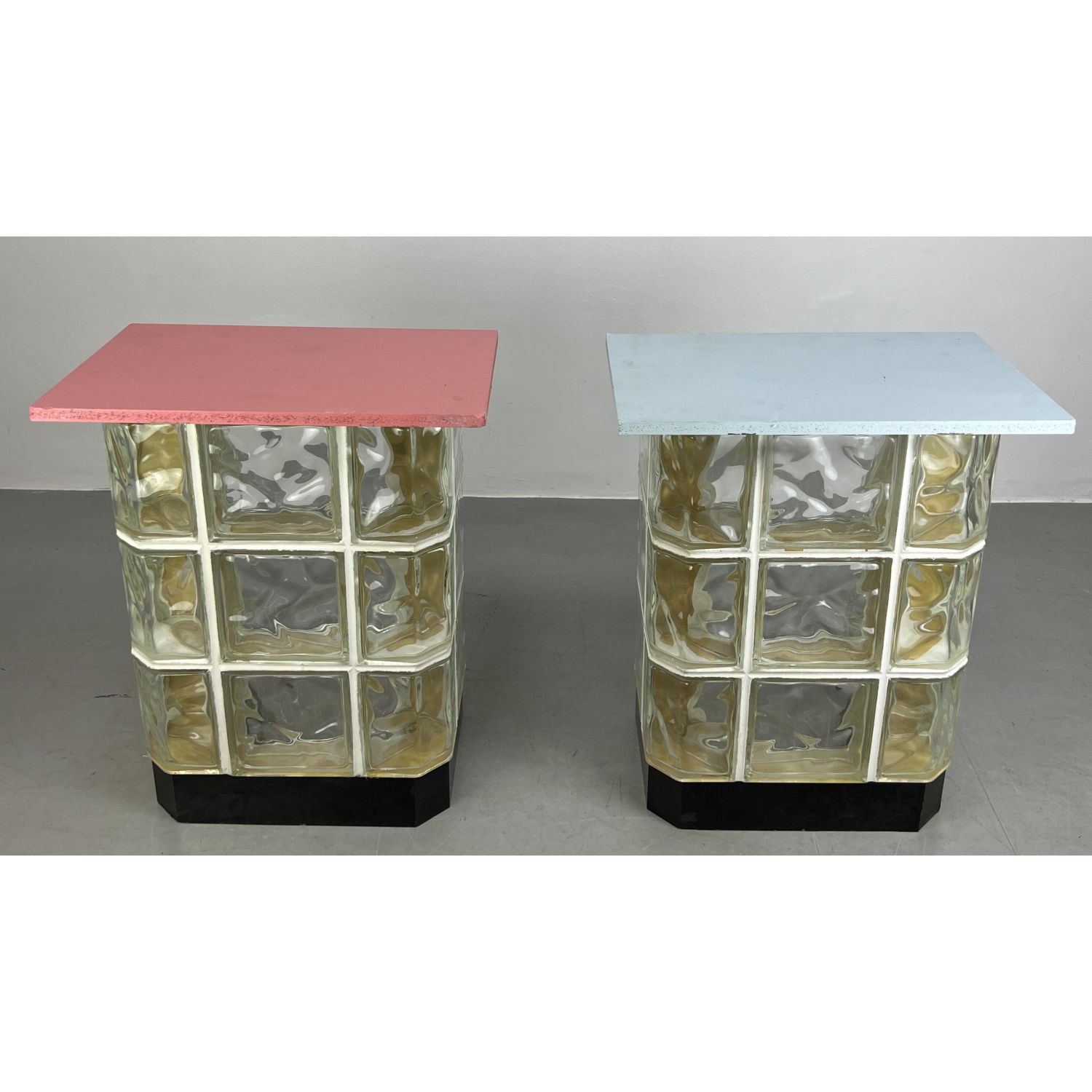 Appraisal: Pr Glass Block Tables with added Pastel Painted Wood Tops