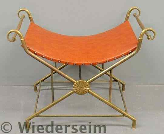 Appraisal: Italian brass Regency stool with orange leather-type seat h x