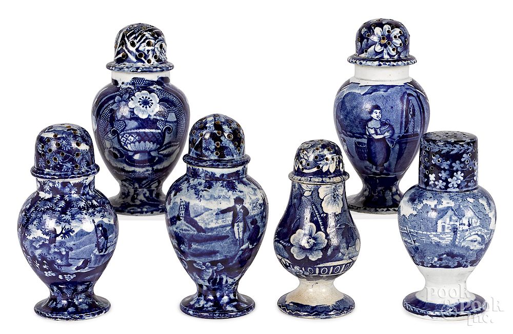 Appraisal: Six blue Staffordshire pepper pots Exclusive on Bidsquare Six blue