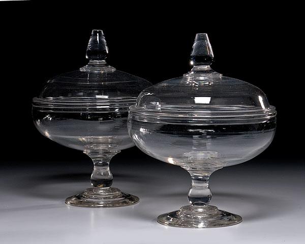 Appraisal: PAIR OF BLOWN MIDWESTERN COVERED BOWLS American probably Pittsburgh of