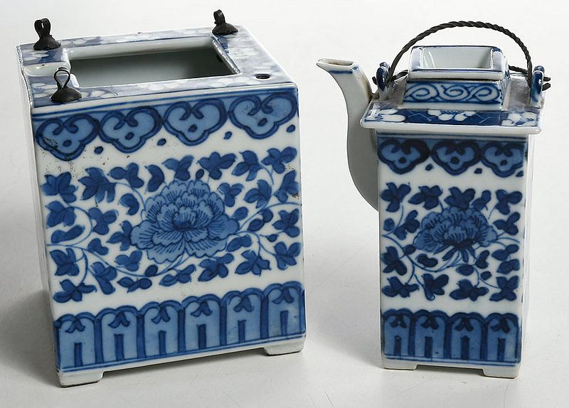 Appraisal: Chinese Blue and White Teapot and Fitted Warmer rectangular teapot