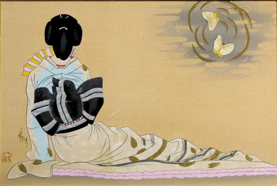 Appraisal: Japanese school th century GEISHA WITH MOTHScolor woodcut with mica