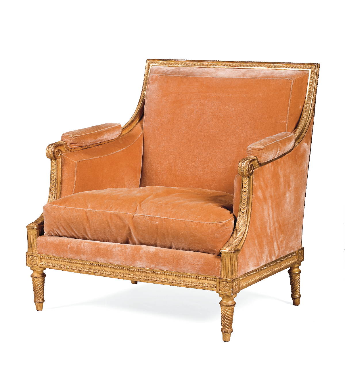 Appraisal: LOUIS XVI CARVED GILTWOOD BERGERE The square back with peach