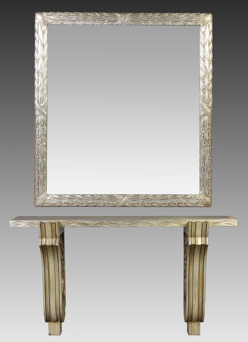 Appraisal: James Mont - Wall-Hanging Console Table Mirror Table is pickled