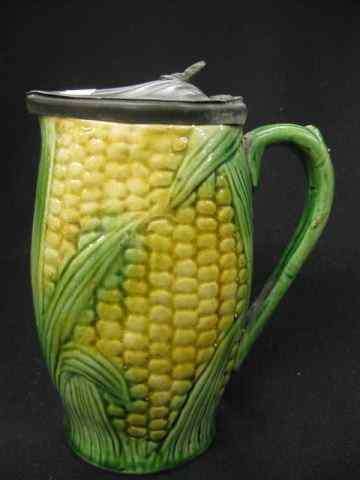 Appraisal: Majolica Pottery Syrup Pitcher corn design pewter lid '' excellent