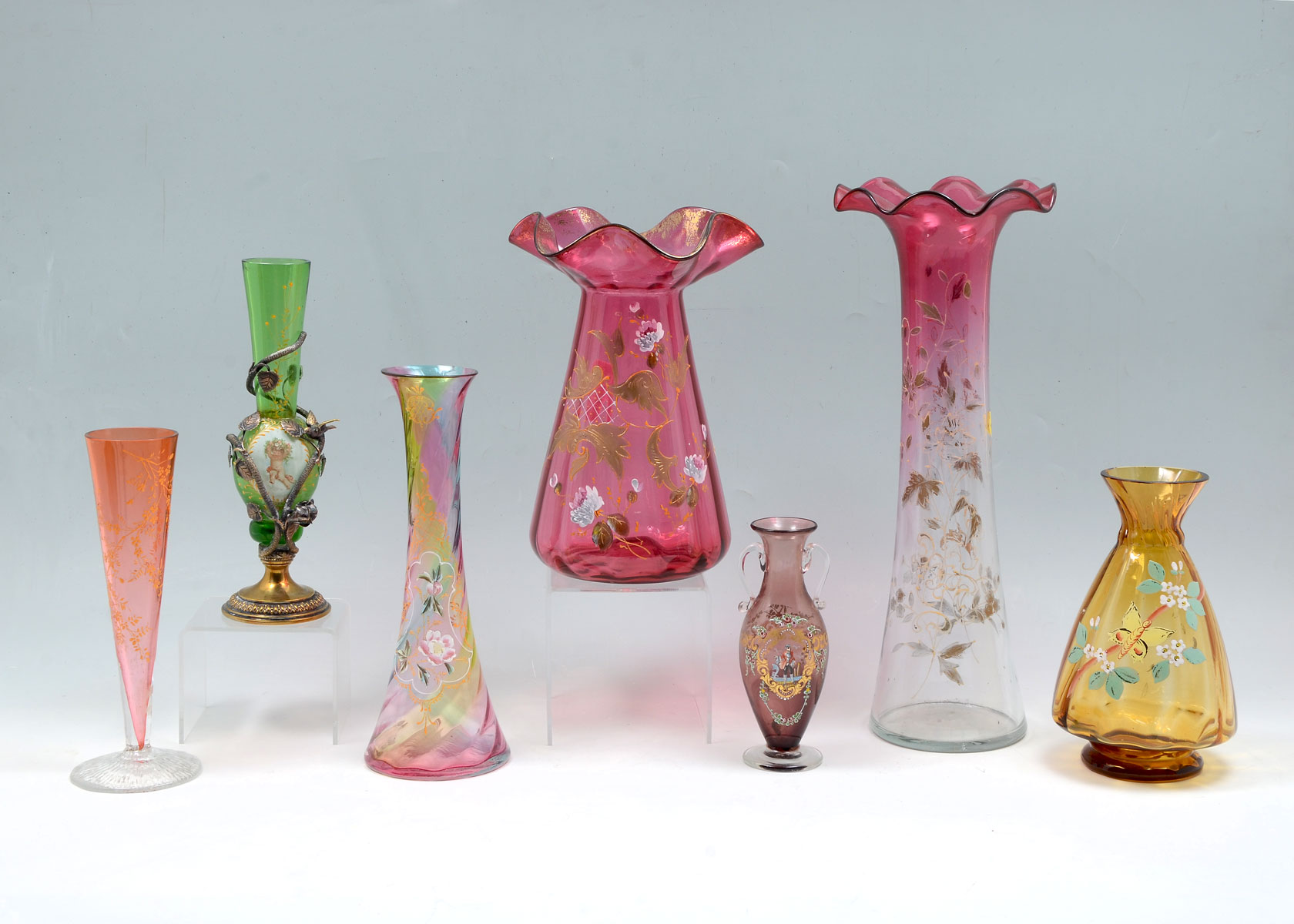 Appraisal: PC TH CENTURY ENAMELED GLASS VASES Comprising - Tall cranberry