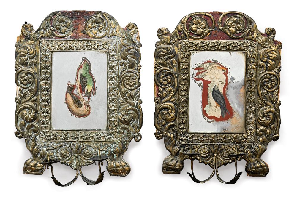 Appraisal: Two Italian Pressed Brass and Mirrored Two-Light Sconces late th