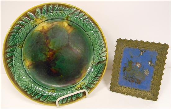 Appraisal: Majolica plate '' green with floral accents along rim along