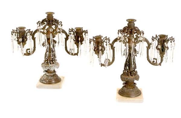 Appraisal: A pair of pressed glass and gilt metal three light