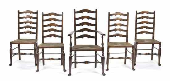 Appraisal: Five Provincial Style Ladder Back Chairs comprising four side chairs