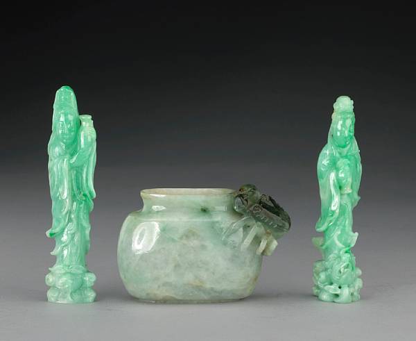 Appraisal: Three jadeite carvings Including two figures of Guanyin each holding