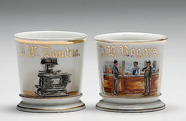 Appraisal: TWO REPAIRED OCCUPATIONAL SHAVING MUGS includes one porcelain with polychrome