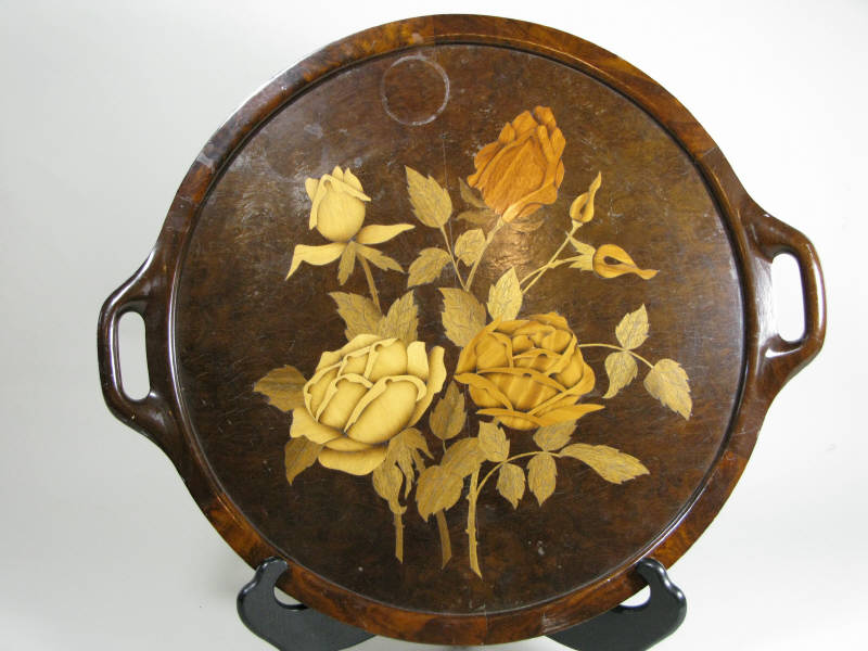 Appraisal: Wooden Inlaid Circular Tea Tray early th c mixed woods