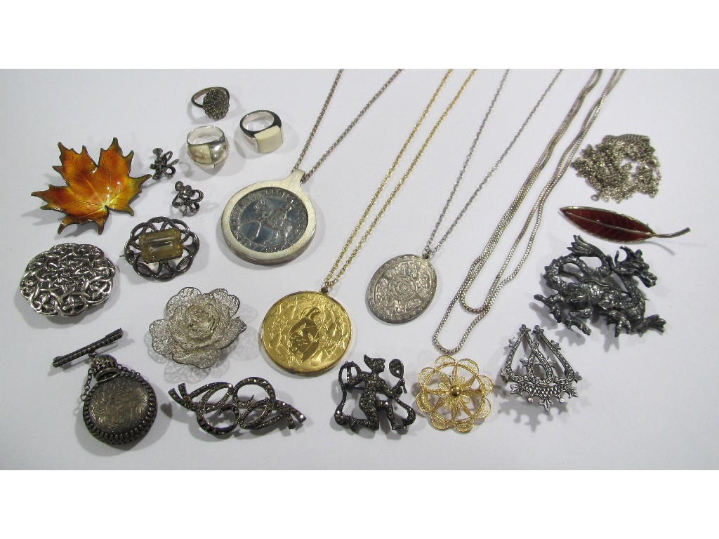 Appraisal: Lot comprising mostly silver pieces to include marcasite brooches two