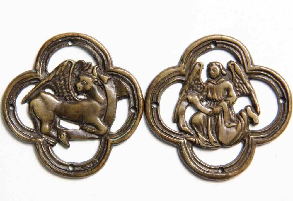 Appraisal: BRONZE ORNAMENTS - A pair of early bronze symbols of