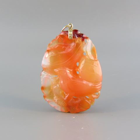 Appraisal: Chinese Carved Carnelian Pendant bird foliage decor k bale x