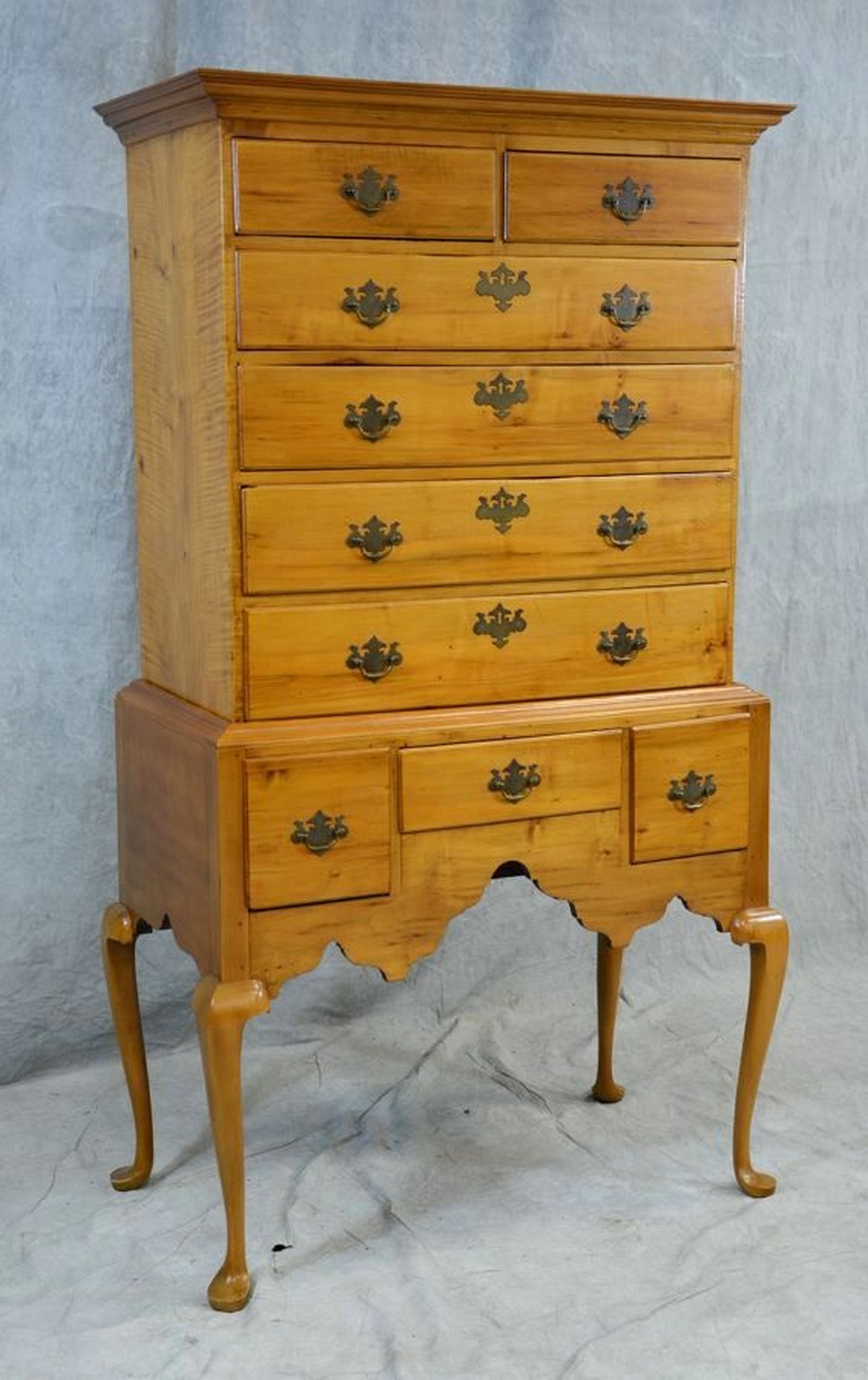 Appraisal: Two part figured maple Queen Anne highboy New England probably