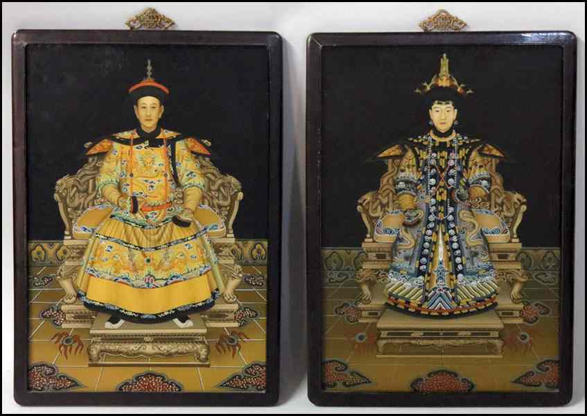 Appraisal: PAIR OF CHINESE REVERSE PAINTED ANCESTRAL PORTRAITS Frame '' x