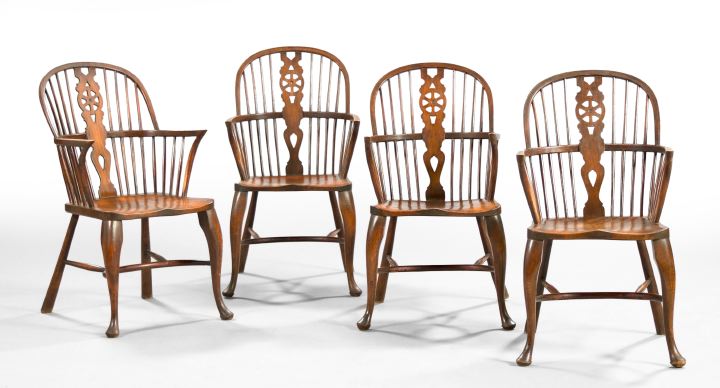 Appraisal: Suite of Four English Yewwood Windsor Armchairs late th century