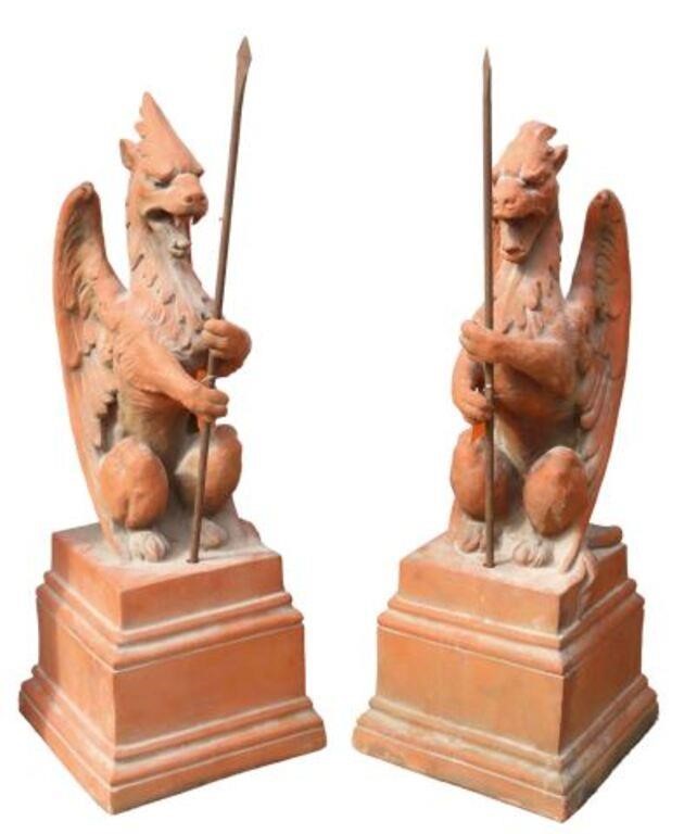 Appraisal: pair Terracotta garden sculptures Welsh Dragons marked FHI th c